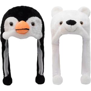 2 Pack Animal Hat Penguin and White Pola Bear Plush Fun Animal Hats One Size Cap Polyester With Fleece Lining