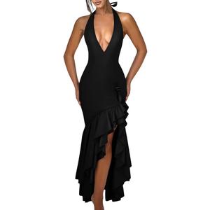 LAGSHIAN Women's Cocktail Ruffle Mermaid Maxi Dress Halter High Low Hem Wedding Guest Long Dress (Black)