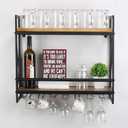 MBQQ Rustic Wall Mounted Wine Racks with 6 Stem Glass Holder,23.6in Industrial Metal Hanging Wine Rack,2-Tiers Wood Shelf Floating Shelves,Home Room Living Room Kitchen Decor Display Rack (Black)