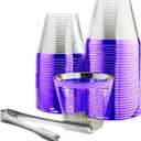 100 Purple Rimmed Plastic Cups and 1 Silver Ice Tong Set - 9 Ounce Disposable Wine Glasses - Fancy Clear Plastic Cups - Mermaid Party Supplies