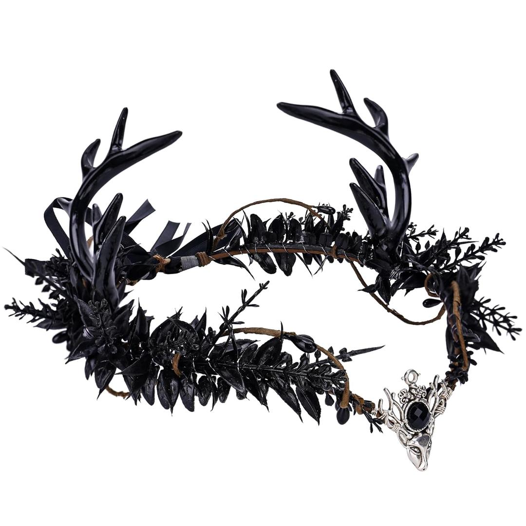 Gothic Black Antler Crown - Dark Elf Headpiece Forest Fairy Headband Fae Deer Horns Circlet for Women Renaissance Renfaire Cosplay Goth Wedding Halloween