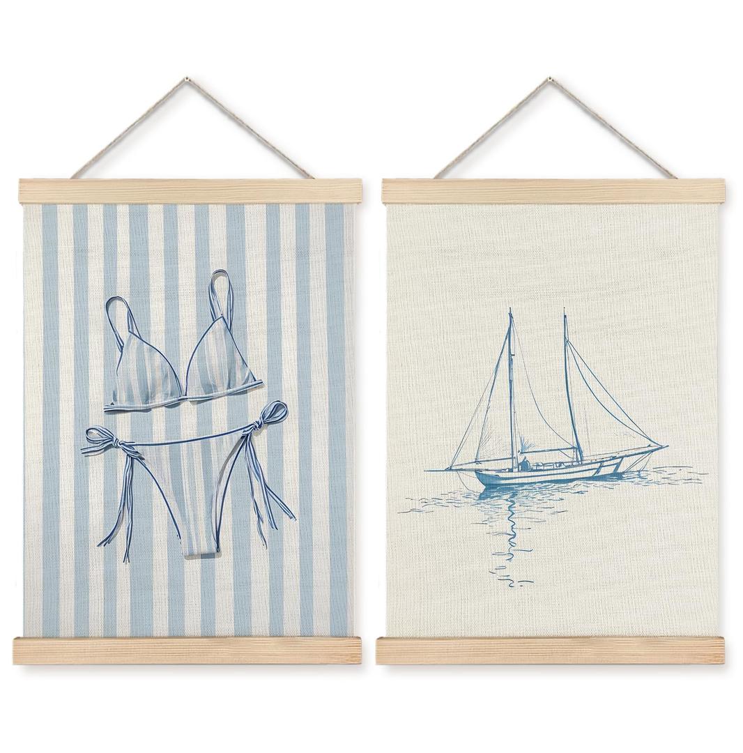 Yomisex Blue Coastal Beach Bikini Sailboat Wall Art Poster, Preppy Beach Room Decor, Blue Striped Swimsuit Nautical Sail Boat Wall Art Framed for Home Bedroom Living Room Decor, 12x16 Inch Set of 2