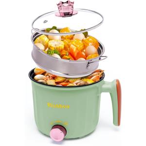 Hot Pot Electric with Steamer, Rapid Noodles Cooker,Non-Stick Electric Pot for Raman, Soup, Noodles, Steak, Oatmeal, Rapid, with Temperature control, (Rotary switch), 1.8L,Green
