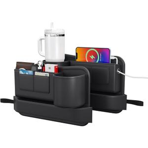 Car Seat Gap Filler with Cup Holder 2 Pack Leather Car Seat Organizer and Storage Automotive Accessories - Front Seats Adjustable Gap Filler with Pockets for Cards, Phones,tumblers, Keys (Black with Cup)