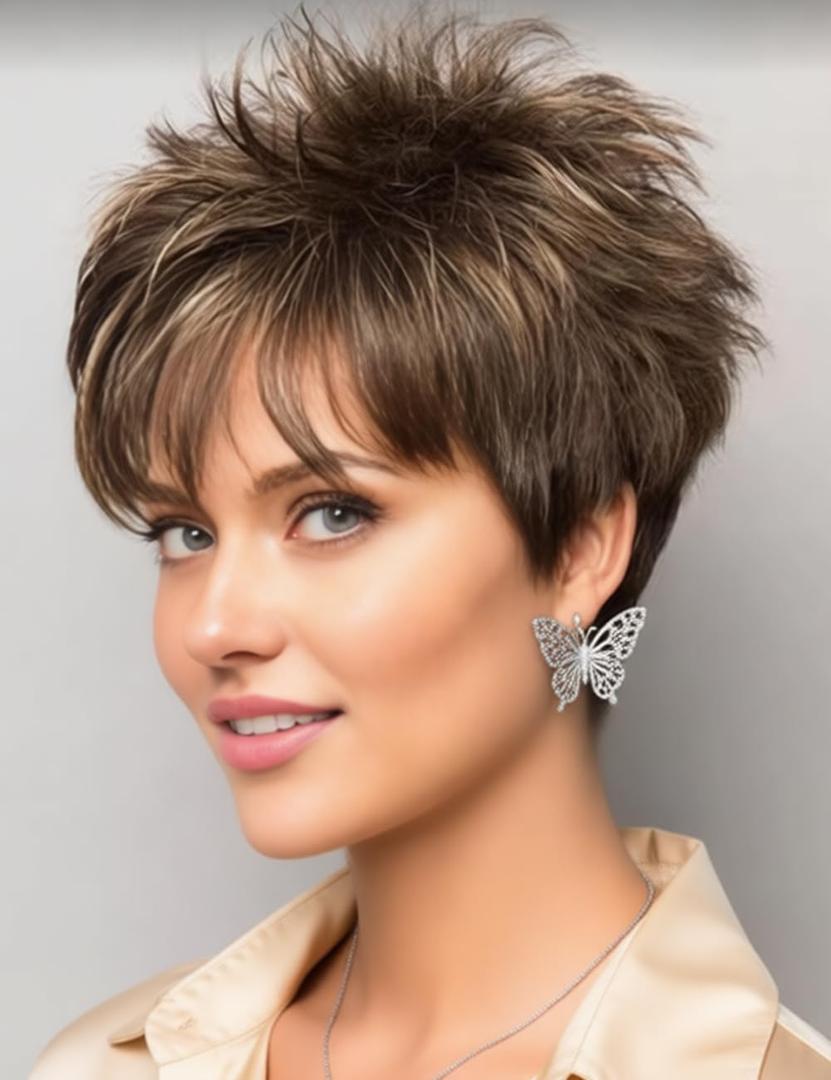 TISHINING Short Hair Wigs for White Women Brown Mix Blonde Highlights Pixie Cut Wig with Bangs Natural Layered Heat Synthetic Hair Wigs for Daily Party Use