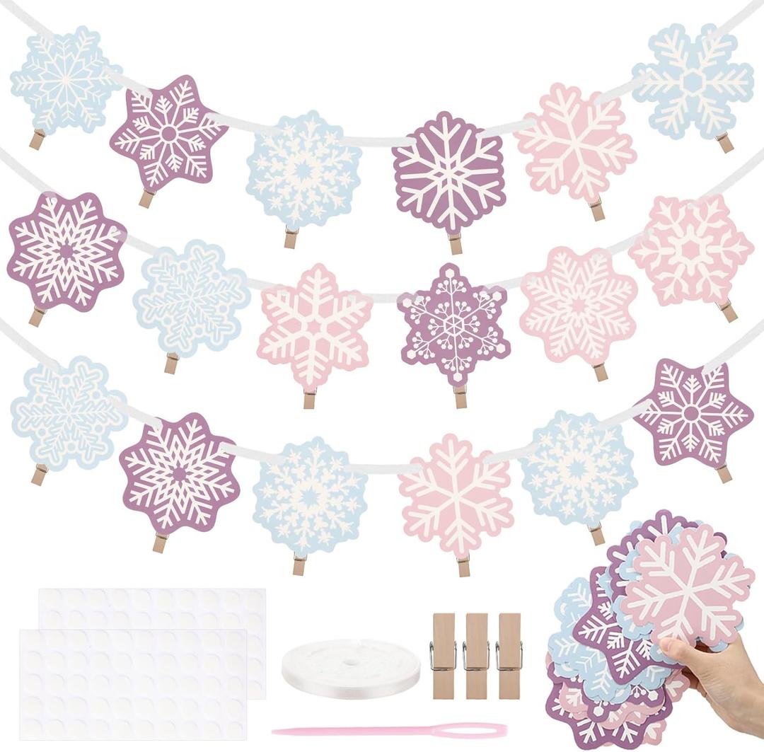Epakh 24 Sets Winter Snowflake Photo Banner Snowflake Cards Wooden Clips with Ribbon Snowflakes Garland Hanging Ornaments Winter Decorations for Baby Shower Birthday Party Supplies