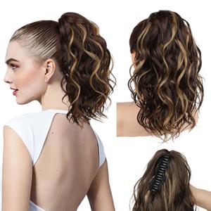 REECHO Ponytail Extension, 12" Claw Clip Ponytail Extension Short Ponytails Hair Extensions Jaw Clip on Pony Tails Natural Synthetic Hairpiece for Women Daily, Dark Brown with Highlights