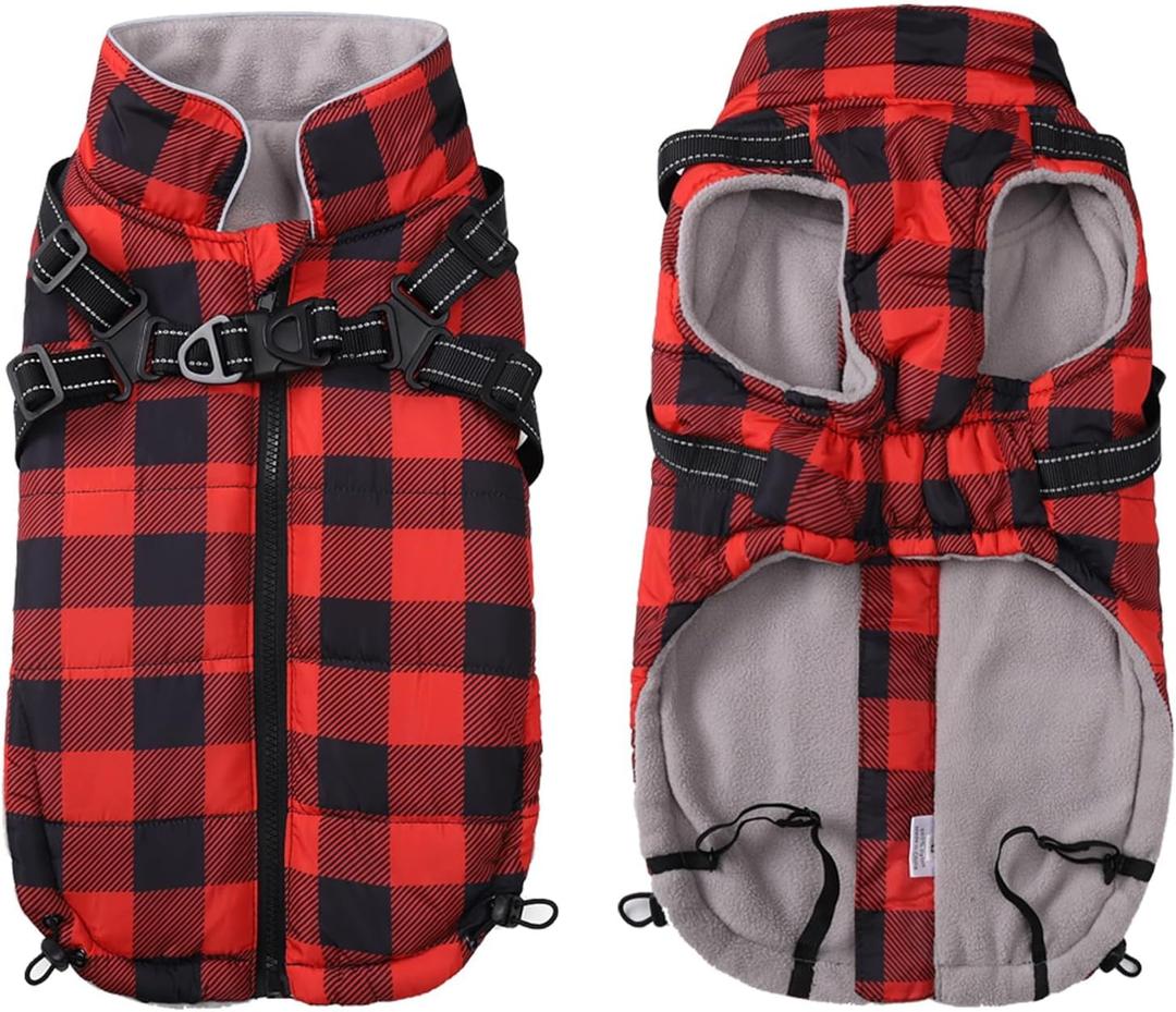 Waterproof Dog Coat with Harness Built in, Dog Winter Jacket,Puppy Vest Small Pet Clothes with Fleece Lining,Ideal for Outdoor and Indoor-Red-XS