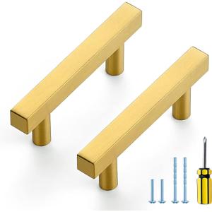 Ravinte 5 Pack Gold Cabinet Handles 2-1/2 Inch Brushed Brass Square Cabinet Pulls Gold Hardware for Kitchen Cabinets - 4 Inch Total Length