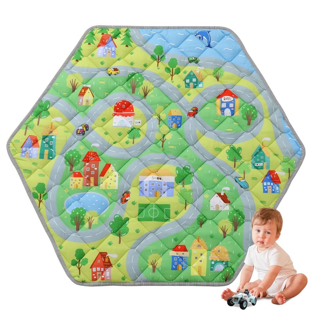 HOMBYS Hexagon Playpen Mat, 52x45 Thicken Soft Playpen Mat Fits Hexagon Portable Play Yard & Playpen, Washable Baby Play Mat Non-Slip Mat for Toddler Kids Crawling & Play, (Road & Car Pattern)