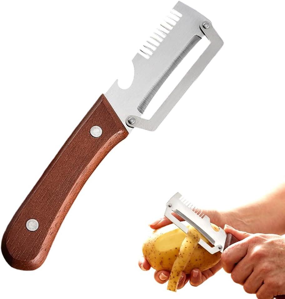 2026 New 2-in-1 Multifunctional Vegetable Peeler – Stainless Steel Blade with Wooden Handle & Bottle Opener, Effortlessly Peels Fruits & Vegetables, Ideal Kitchen Tool Gift (2-Pack)