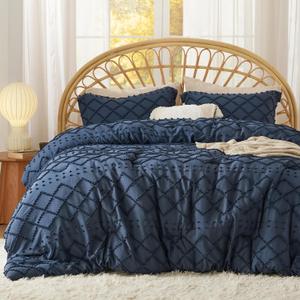 Bedsure Twin Comforter Set - Navy Blue Comforter, Boho Tufted Shabby Chic Bedding for Kids, 2 Pieces Vintage Farmhouse Bed Set for All Seasons, Fluffy Soft Bedding with 1 Pillow Sham