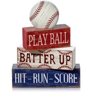 Yuntau 4 Pcs Baseball Decorations Sports Wooden Sign Baseball Centerpieces for Tables Tiered Tray Decor Decorative Mini Faux Book Stack Block for Bedroom Boys Room Mantel Shelf Senior Night Gifts