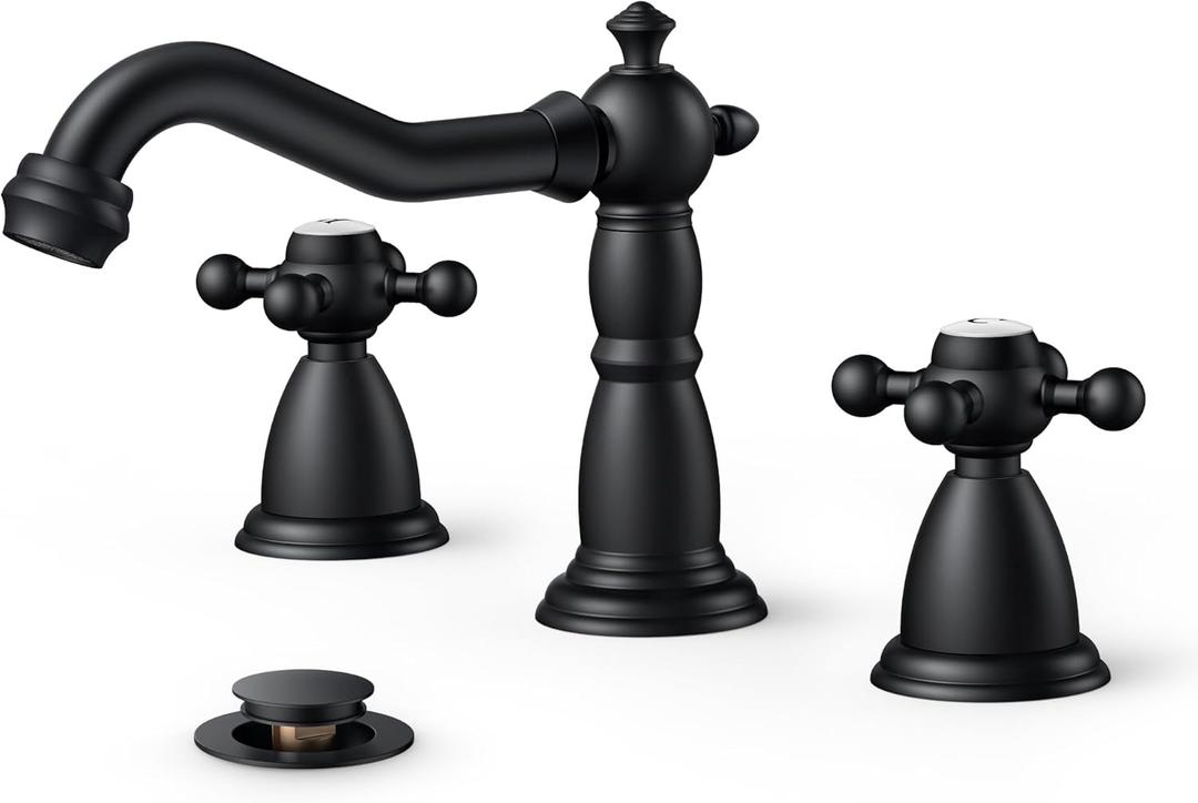 FORIOUS Bathroom Faucet 3 Hole, Matte Black Antique Bathroom Sink Faucet Two Handle, 8 inch Widespread Brass Bathroom Faucet with Metal Pop-up Drain & Supply Lines, Vintage Farmhouse Vanity Faucet Tap