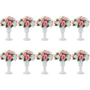 Nuptio 10 Pcs Flowered Metal Trumpet Vase Elegant Wedding Centerpieces Vase for Party Dining Room Decoration, 23.2cm Tall Artificial Flower Arrangements for Anniversary Ceremony, White