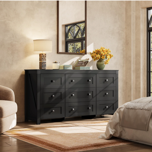 WLIVE Farmhouse Dresser for Bedroom, 63" Wide 9 Drawer Dresser Storage Organizer, Wood Chest of Drawers for Bedroom, TV Stand for 70 inch TV, for Living Room, Hallway, Ball Bearing Slide (Black)
