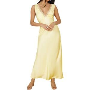 BAGONE Summer Satin Lace V Neck Backless Wedding Guest Maxi Dresses for Women Elegant Sleeveless Open Back Cocktail Dress (Small, Yellow)