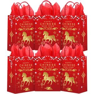 Kolldenn 20 Pcs Chinese New Year Gift Bags of the 2026 Horse Gift Bags with Handle and Tissue Paper Lunar New Year Paper Goodie Treat Bag for Family Neighbor Friend Spring Festival Party