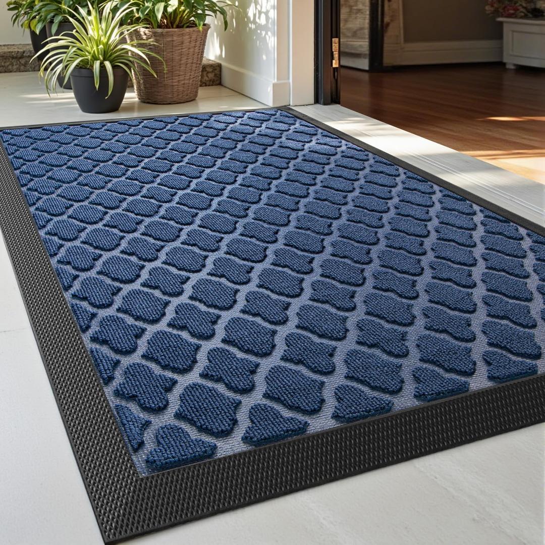 DEXI Front Door Mat Outside Entrance, 2x3 ft Entryway Rubber Back Doormat Heavy Duty, Non Slip Low Profile Welcome Entry Mats for Inside House Floor Exterior Patio, Floral Blue