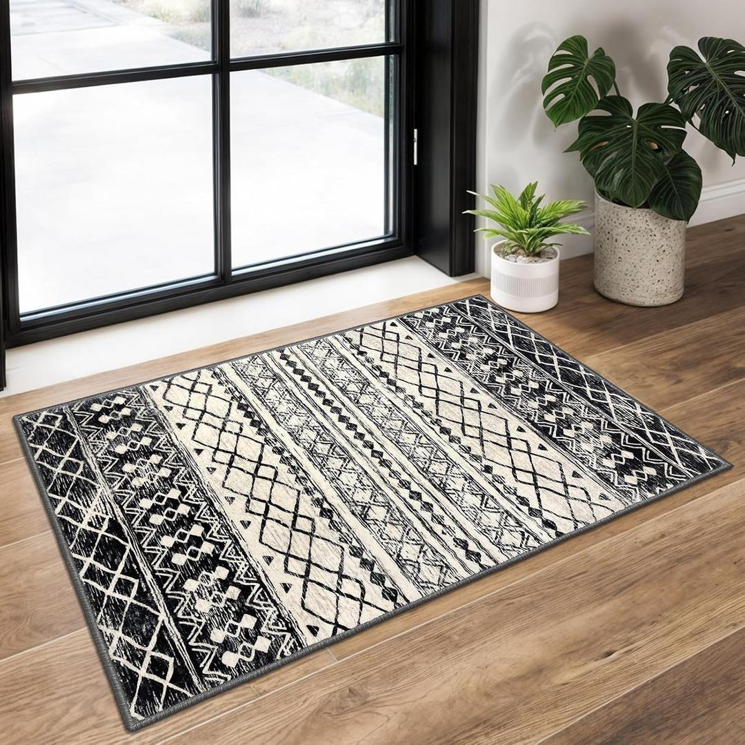 KUTA Moroccan Area Rugs 2x3, Black Navy Blue Entryway Rug Non-Slip Washable Small Indoor Door Mat, Ultra Soft Print Vintage Geometric Low-Pile Floor Carpet for Entrance, Kitchen