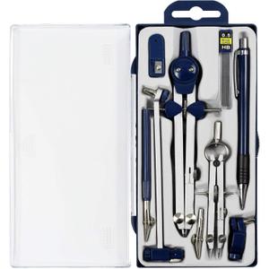 UNJOO Drawing 9Pc Geometry Set Metal Compass, Geometry Precision Tool for Student, Circle Drawing Tool and Architecture, Drafting Kits for Engineer with Shatterproof Storage Box (Blue)