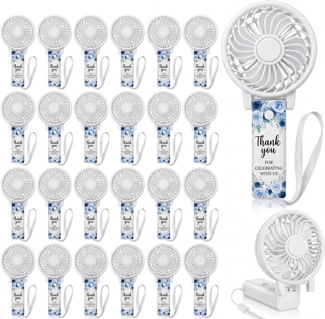 Tuanse 50 Pcs Blue Floral Wedding Fans for Guests Bulk 180 Foldable Mini Portable Handheld Battery Thank You Fan with Hanging Rope for Bridal Shower Birthday Wedding Favors Summer Camping