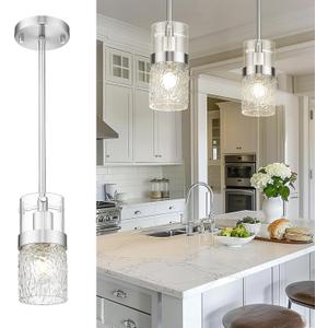 LMS Brushed Nickel Pendant Lights Kitchen Island, 1-Light Modern Glass Pendant Light Fixtures with Hammered Glass, Adjustable Mini Hanging Light for Kitchen Island Sink Bathroom, LMS-199