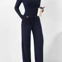 PRETTYGARDEN Women's 2 Piece Lounge Sets Asymmetrical Long Sleeve T Shirt Wide Leg Pants Casual Outfits Tracksuit (Navy,Large)