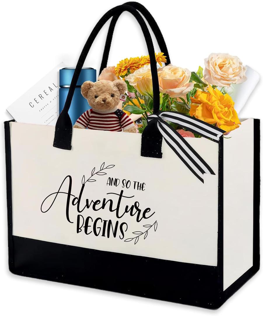 Wedding Gift Canvas Tote Bride Bag,Bridal Shower Gifts for Engagement Wedding Graduation Retirement Gift Beach Bag And So The Adventure Begins Large Tote Bag
