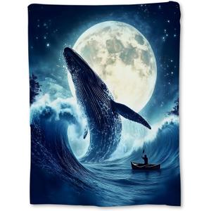 Whale and Moon Blanket, Soft Cozy Flannel Marine Throw Blanket for Adults Kids Men Women, Lightweight Warm Fuzzy Blankets for Couch, Bed, Travel & Home Decor 8060 in