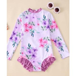 IZYJOY Girl Long Sleeve Swimsuits Ruffle One Piece Rash Guard Bathing Suits Kids Floral UPF 50+ Zipper Swimwear 7-12Y
