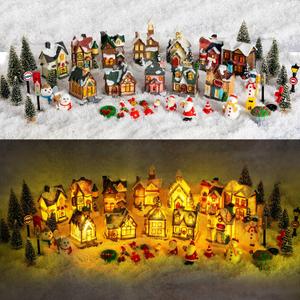 48 Christmas Village Houses Set Decorations LED Lights Christmas Town Scene Desktop Ornaments Christmas Figurines Accessories Buildings Battery Operated Landscape Decor