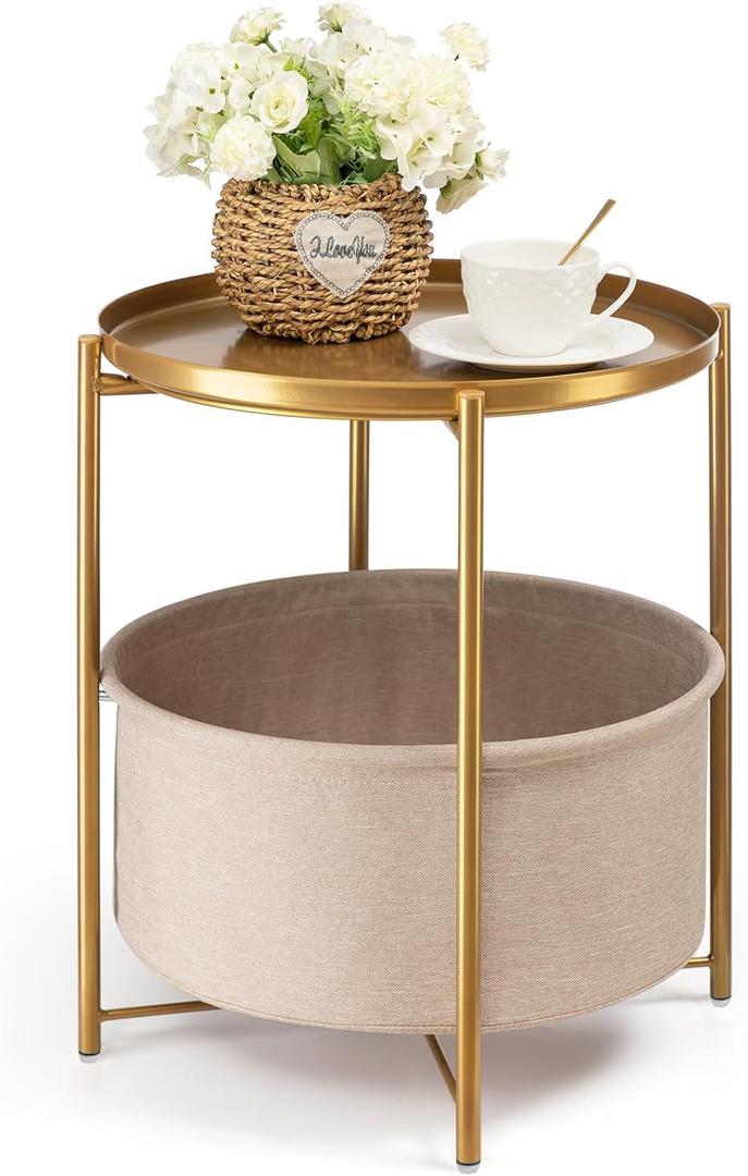 danpinera Round Side Table with Fabric Storage Basket, Metal Side Small Bedside Table Nightstand with Removable Tray Top for Living Room, Bedroom, Nursery, Laundry, Gold