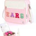 Mouse Ears Travel Case Multipocket Large Chenille Letter Mouse Ears Headband Holder with Shoulder Strap 11"x11"x4.5" (Pink)