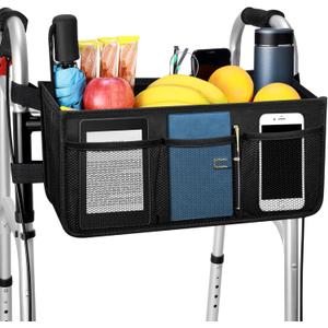 Upgrade Dotday Walker Basket Walker Bag Water Cup Holder, Foldable Walker Storage Bag with Big Capacity & Never Tipping Over, Best Gift for Family - Black (Not Fit Rollator Walkers)