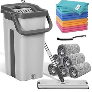 POGALA  Mop Bucket Set with 12 Microfiber Cleaning Towels and a Cleaning Brush, Mops for Floor Cleaning, Cleaning Tools, Mob, mop and Bucket with Wringer Set for Home with 6 Washable Microfiber Pads