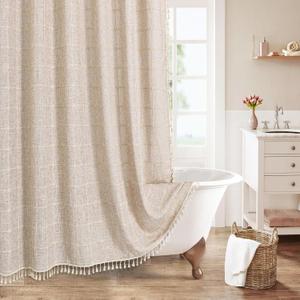 MitoVilla Grey Boho Extra Long Shower Curtain 72 x 84, Modern Farmhouse 84 inch XL Rustic Polyester Linen Tassel Heavy Duty Shower Curtain Set with Hooks for Cottagecore Country Bathroom Decor (Tan Brown)