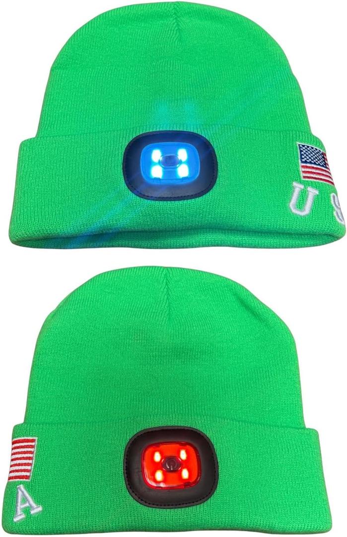 LED Beanie Hat with Rechargeable Front Light & Rear Red Safety Light - 3 Brightness Modes - USB Charging - Warm Acrylic Winter Cap with USA Logo for Running, Camping, Outdoor Work - Neon Green