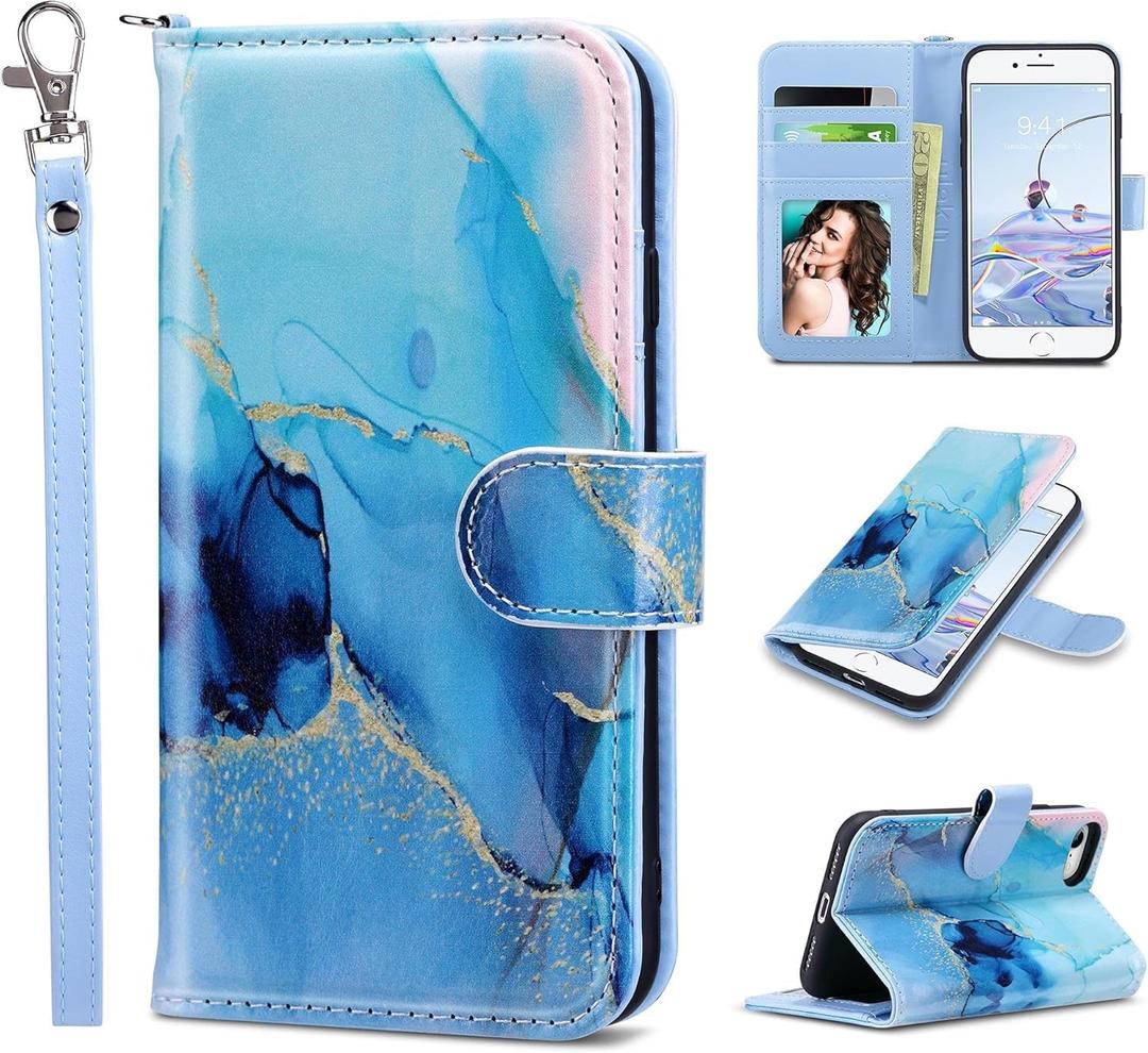 ULAK for iPhone SE 3(2022)/SE(2020)/8/7 Wallet Case with Card Holder, Premium PU Leather Flip Case with Kickstand Card Slots,Wrist Strap, Durable Shockproof Cover 4.7 Inch, Marble