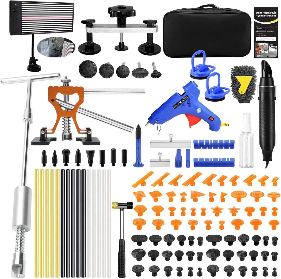 Paintless Dent Repair Kit with LED Line Board, Heat Gun for Glue Removal & Dent Heating, Dent Puller Kit with T-Bar, Dent Lifter, PC Glue Tabs, Auto Body Dent Removal Kit for Cars Trucks (EXP 08/31/26)