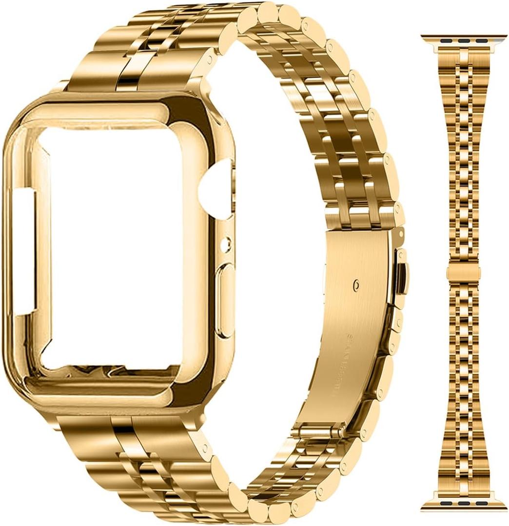 Slim Metal Bands Compatible with Apple Watch 40mm 38mm 41mm 42mm 44mm 45mm, Metal Stainless Steel Chain Strap for Women iWatch Series 9 8 7 6 5 4 3 2 1 SE (Gold)