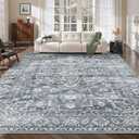 8x10 Washable Area Rugs for Living Room, Vintage Floral Stain Resistant Non-Slip Low Pile Neutral Rug Soft Throw Large Carpet for Dining Room Bedroom Home Office (Blue, 8'x10')