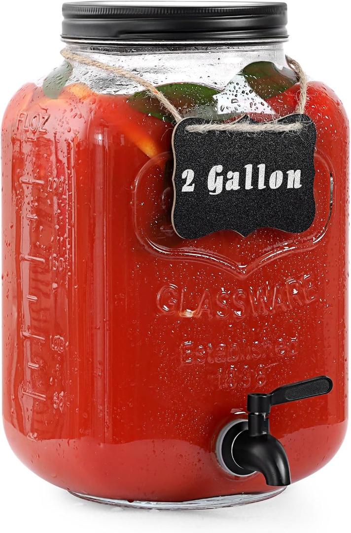 2 Gallon Glass Drink Dispensers for Parties, Ice Beverage Dispensers with Stand, Glass Water Dispenser with Spigot, Laundry Detergent Dispenser, Lemonade Dispenser