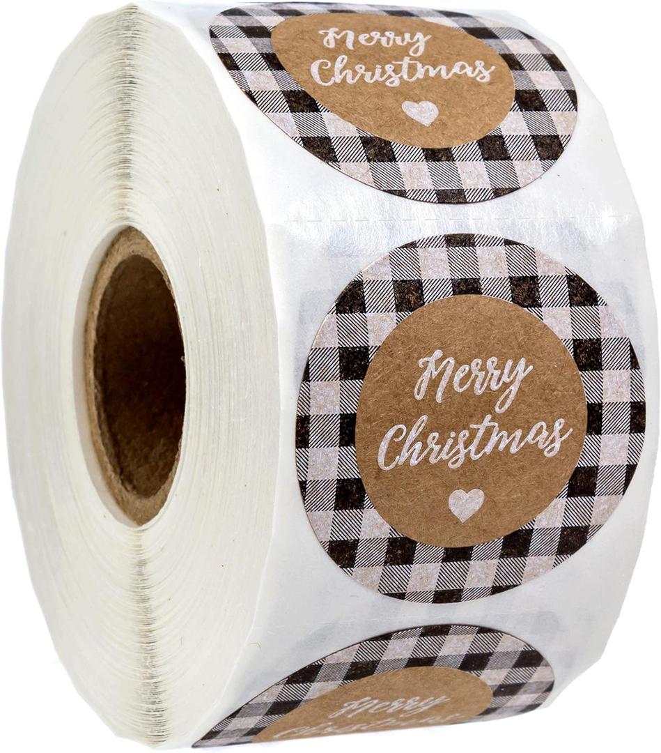 Black and White Buffalo Plaid Merry Christmas Stickers / 500 Christmas Tags / 1.5" Present Stickers/Holiday Envelope Seals