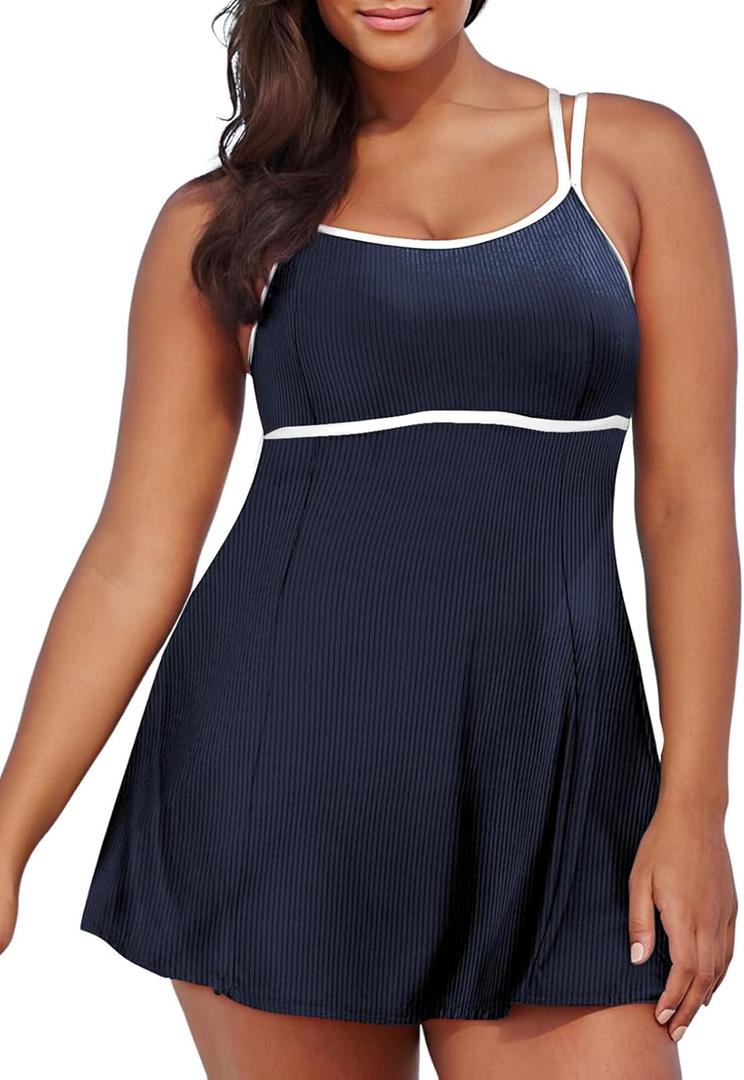 Eytino Plus Size Swimsuits for Women Tankini Swim Dress Tummy Control Bathing Suits with Pocketed Bottoms Athletic Swimwear,3X Navy Blue