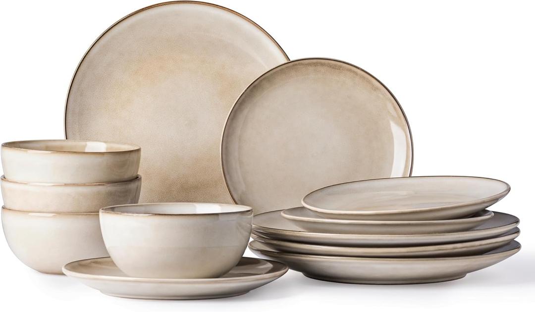 AmorArc Ceramic Dinnerware Sets for 4, 12 Pieces Handpainted Stoneware Plates and Bowls Set, Scratch Resistant Dishes Set, Dishwasher & Microwave Safe, Cappuccino (Service for 4, Cappuccino)