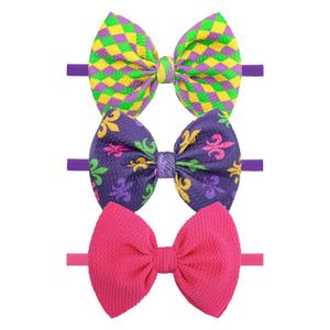 YanJie 4.5 3PCS Mardi Gras Headband Purple Checkered Hair Bows Carnival Accessories Green Headbands Pink Bow
