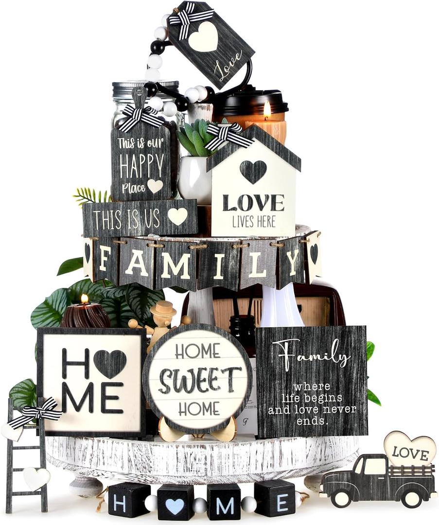 Mifoci 18 Pcs Farmhouse Tiered Tray Decor Home Wooden Signs Rustic Home Tiered Tray Decorations Sweet Vintage House Tabletop Table Centerpiece Black White Block for Kitchen Table Housewarming
