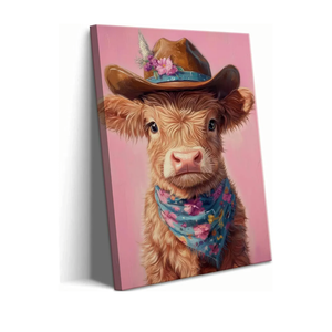 Cute Highland Cow Baby Canvas Wall Art Cowboy Baby Calf Pink Western Wall Decor Picture Trendy Preppy Aesthetic Poster Print Eclectic Funky Girly Bedroom Decoration 12x16in, Pack Of 2