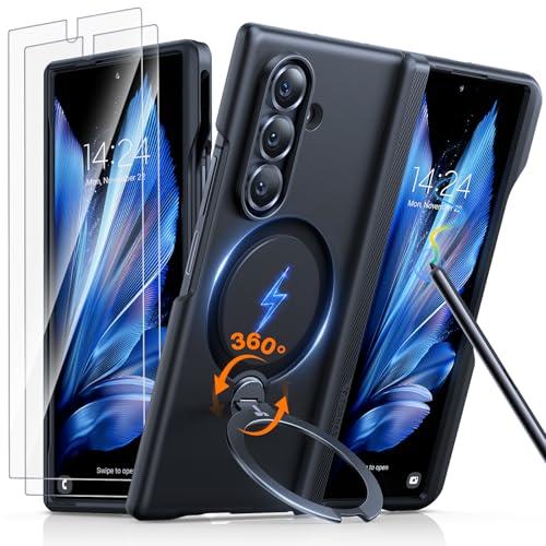 TORRAS 360 Spin Magnetic Stand for Galaxy Z Fold 7 Case with S Pen Holder, [MIL-Grade Hinge Protection] [Fit for Magsafe] [360 Kickstand & Ring Holder], Armor Slim for Samsung Galaxy Z Fold 7, Black